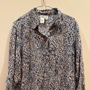 Coldwater Creek Womens Blouse Sz L Blue & White  3/4 Sleeve Rayon Snaps